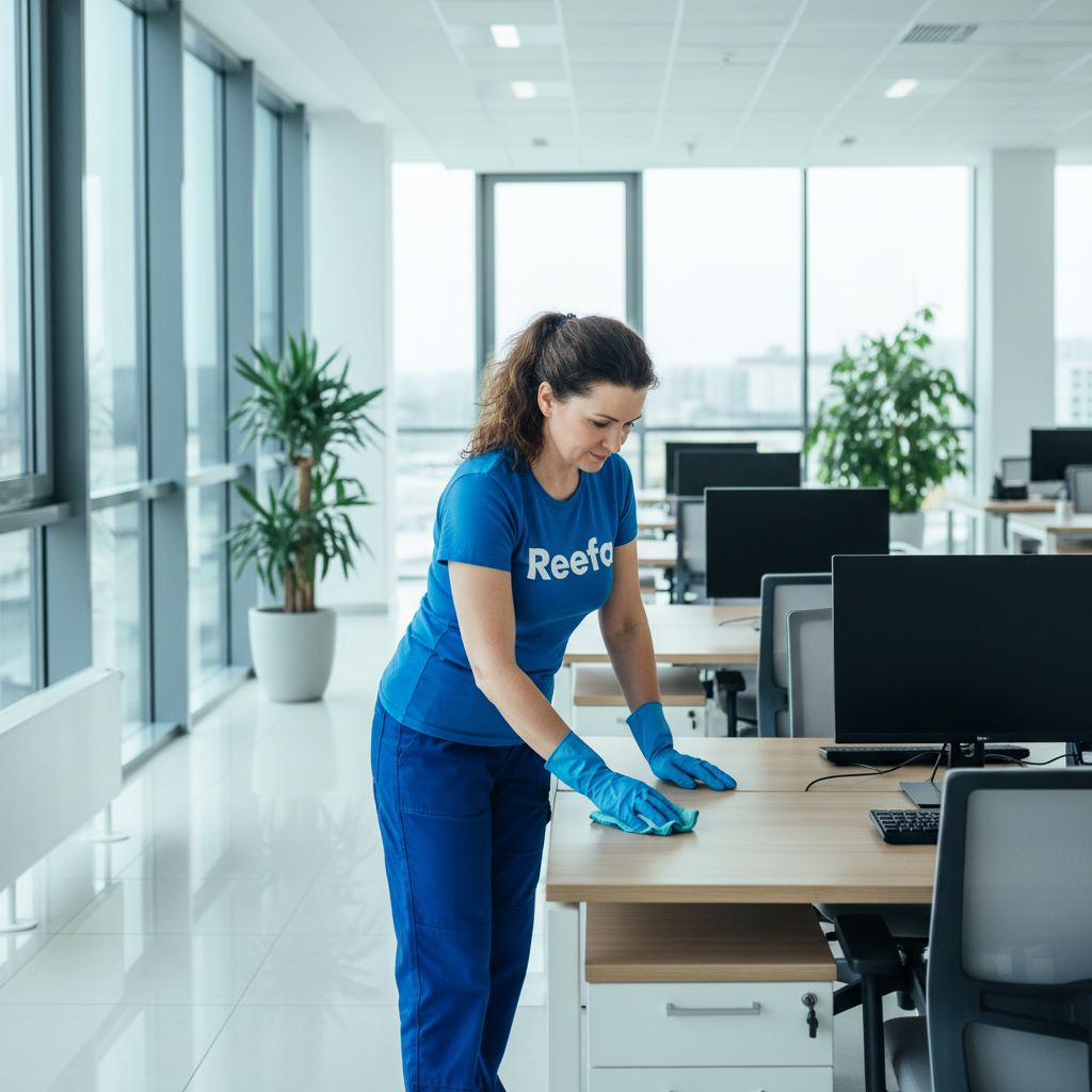osoba sprzątająca w niebieskich spodniach oraz niebieskiej koszuli z napisem reefa przeciera biurko w nowoczesnym biurze za pomocą ściereczki