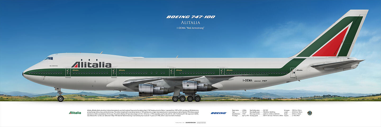 Art poster, aircraft Boeing 747-100 Alitalia I-DEMA on the side view