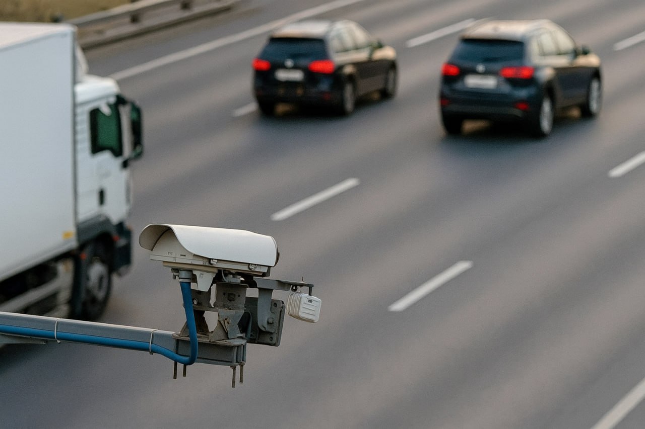 Трасса с автомобилями и камерами видеонаблюдения для фиксации средней скорости