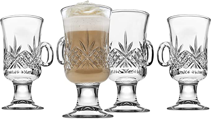 Crystalia Glass Coffee Mugs, Clear Footed Irish