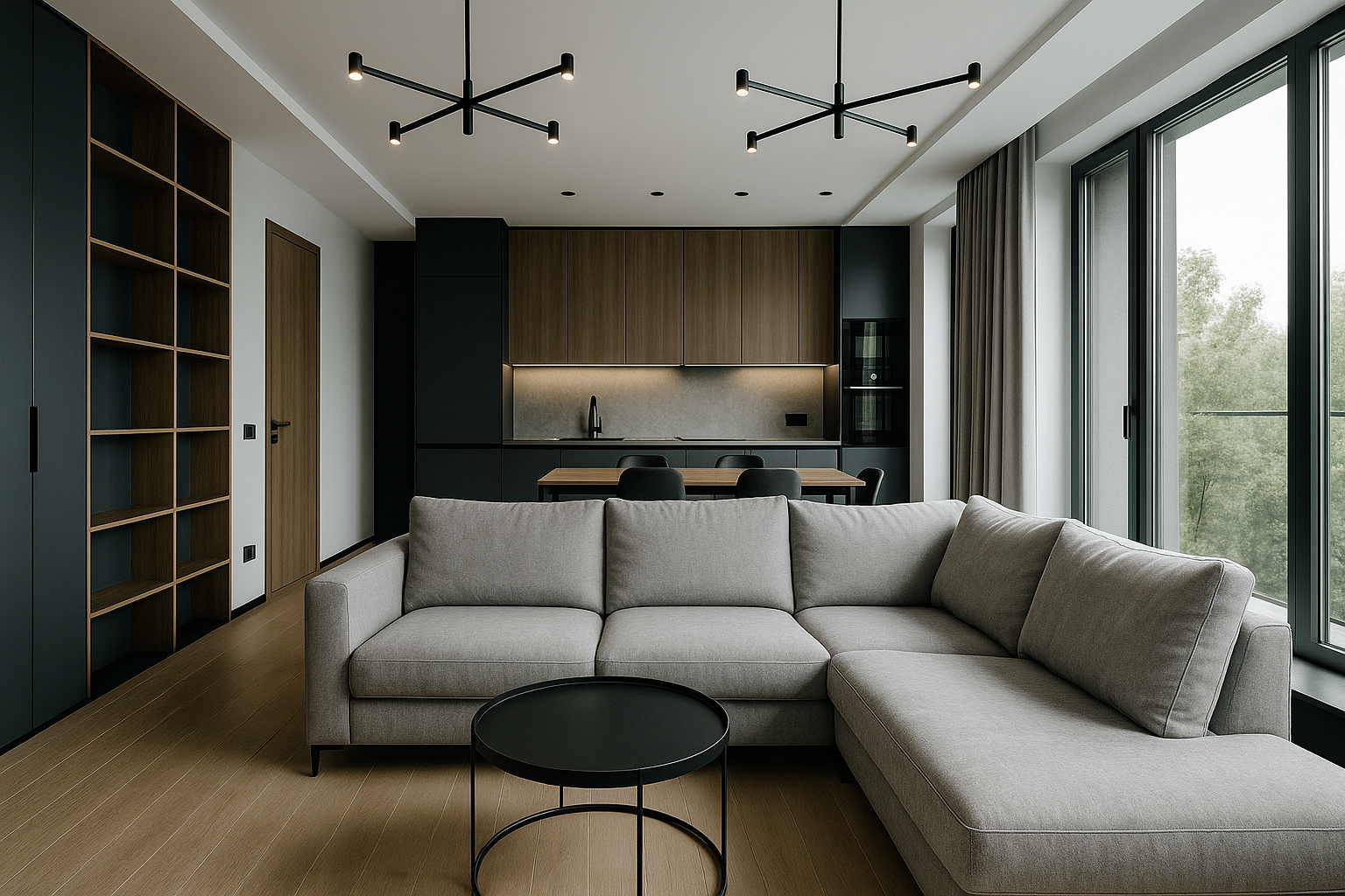 Контроль ремонта квартиры в Туле под ключ — современная гостиная после ремонта, студия Struktura