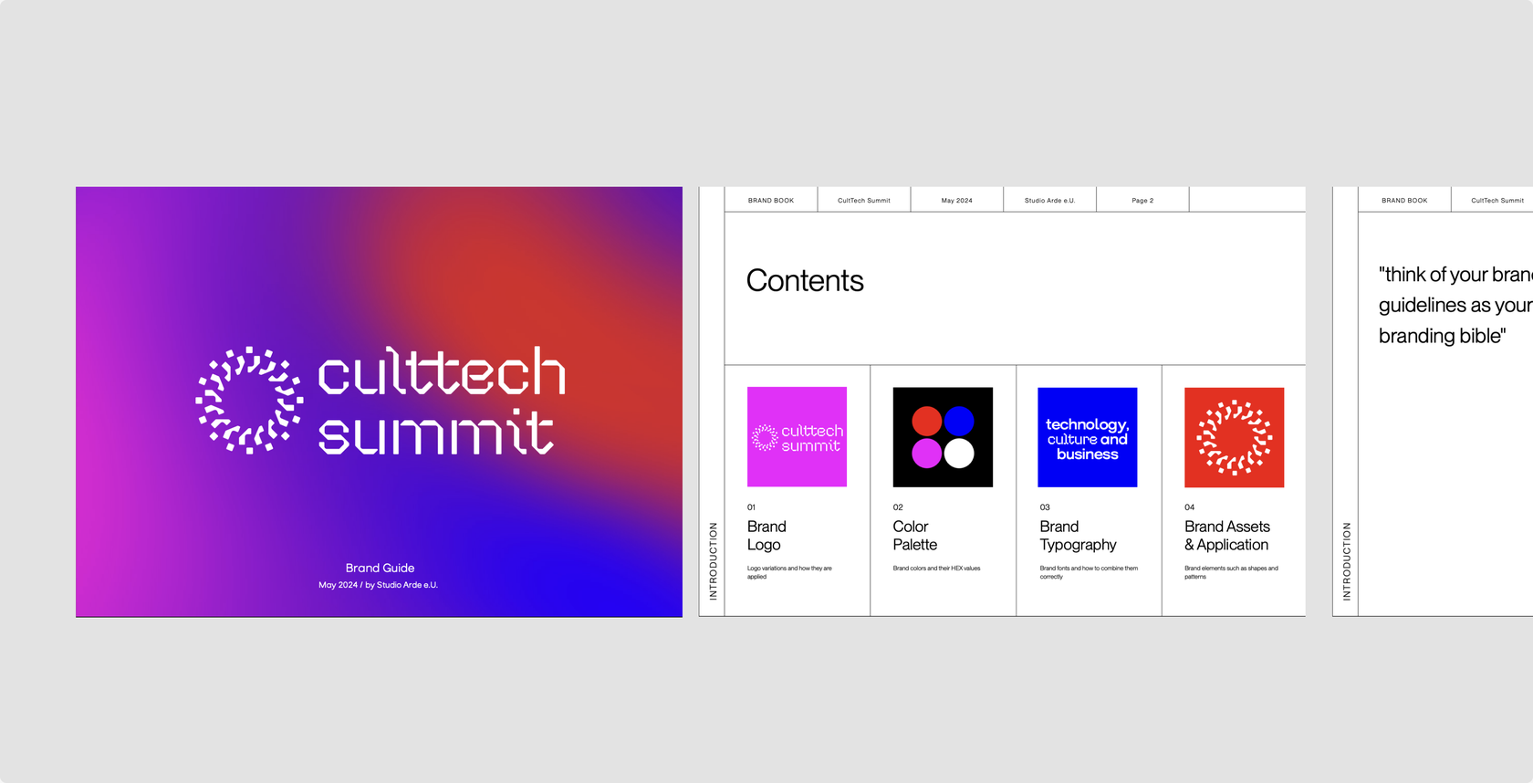 CultTech Summit brand book — cover, contents, and a guiding quote