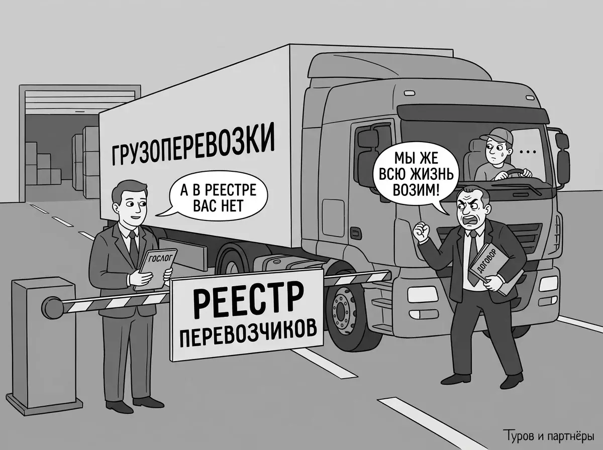 Реестр перевозчиков с 1 марта 2027 года: у шлагбаума служащий с планшетом ГосЛог не пропускает фуру, владелец транспортной компании возмущается