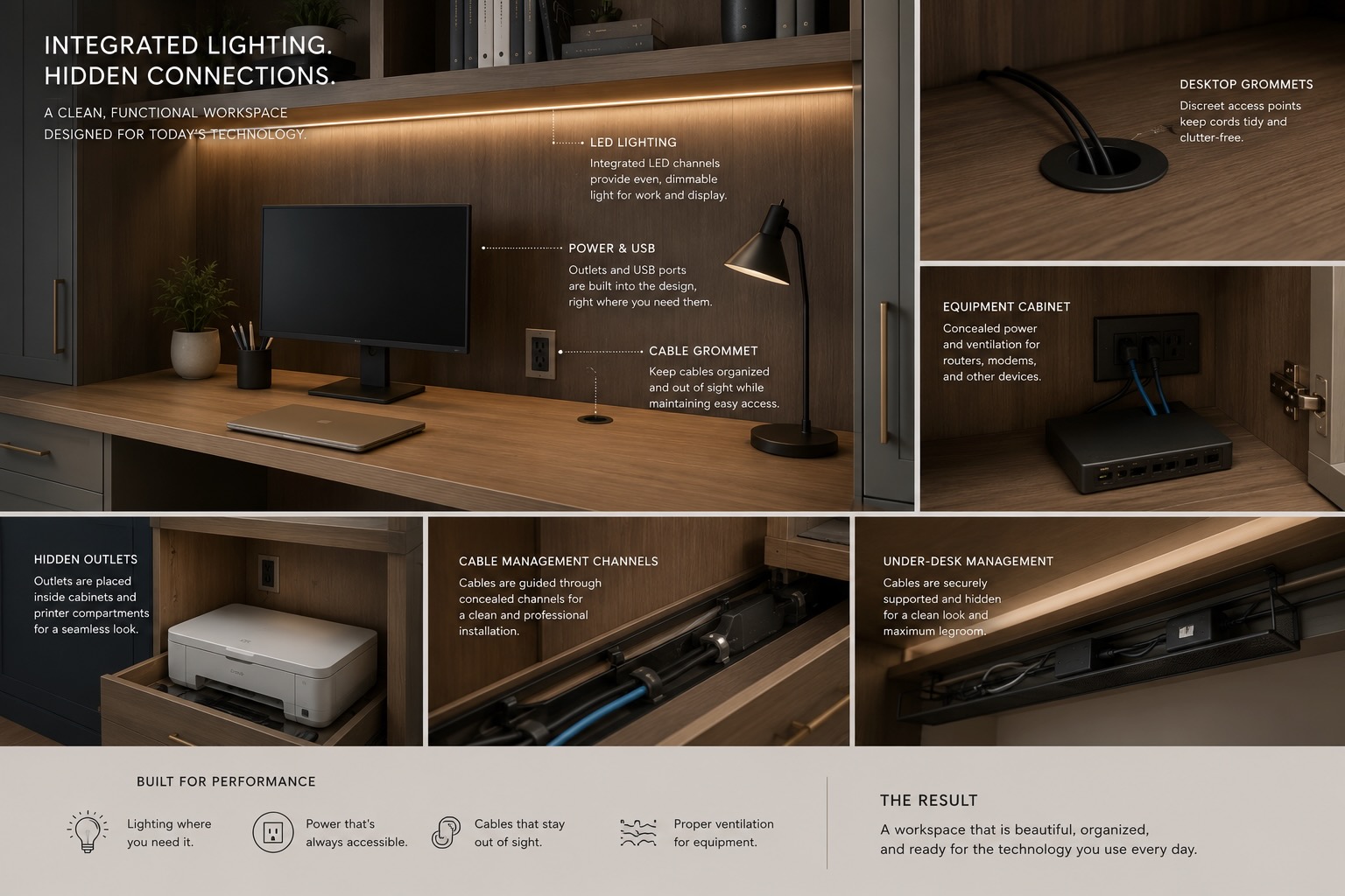 Custom home office with integrated LED lighting, hidden outlets, cable grommets, concealed wiring channels, equipment storage, and under-desk cable management.