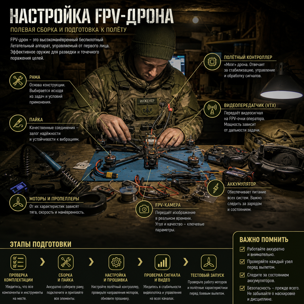 военный инженер в полевых условиях собирает и настраивает FPV-дрон на рабочем столе в блиндаже, вокруг инструменты, паяльник, запчасти для беспилотника