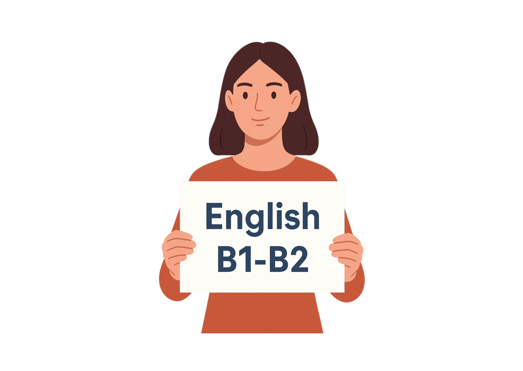 Женщина с табличкой English B1–B2 — средние уровни английского языка по шкале CEFR