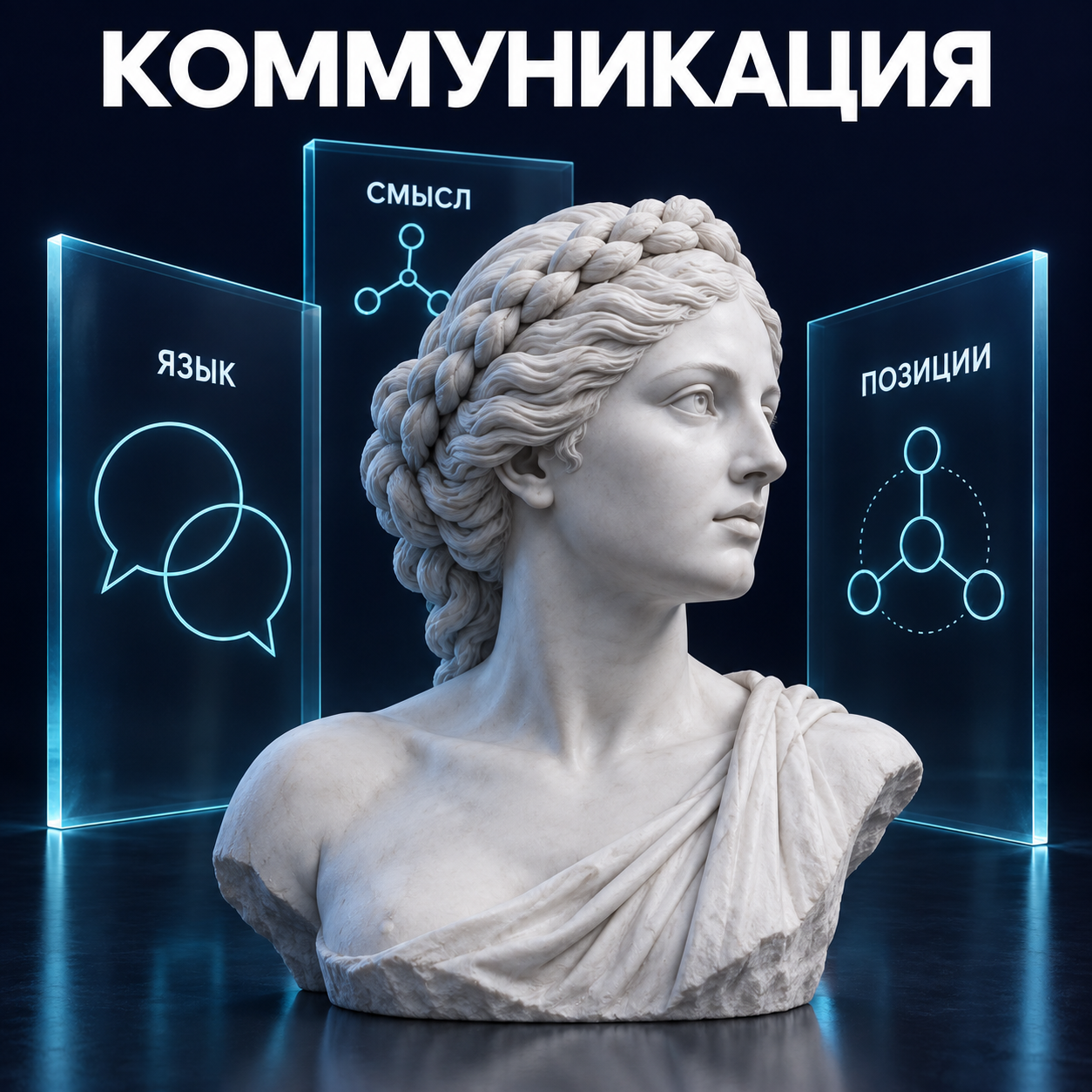 Коммуникация: скульптурный бюст и схемы на прозрачном стекле