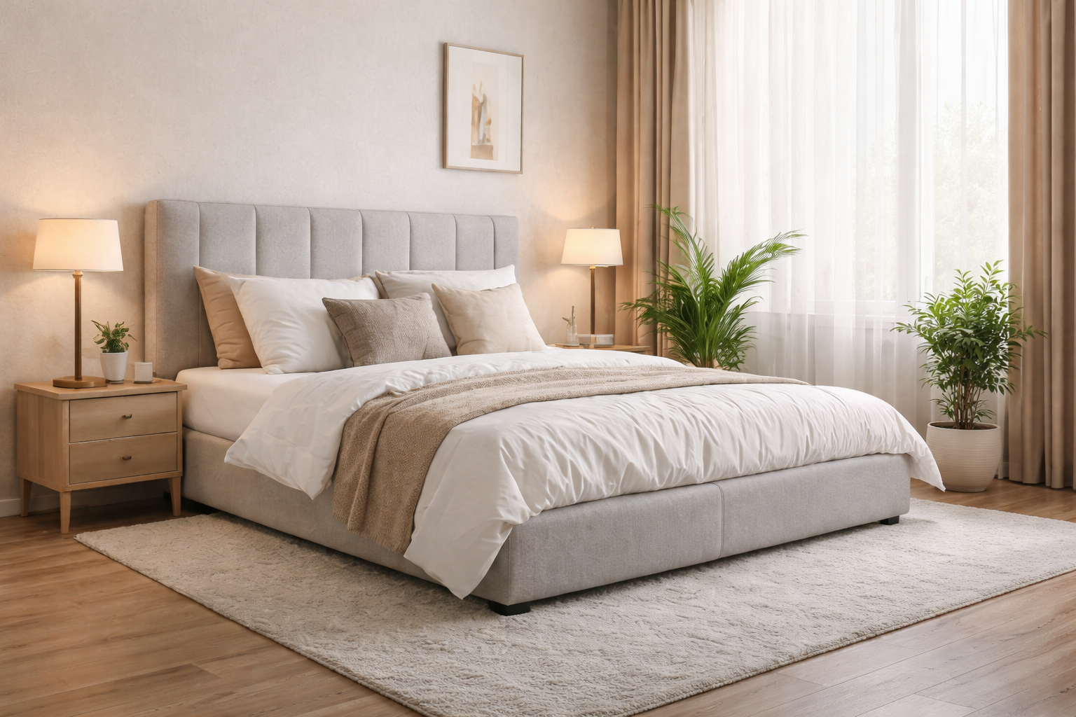 Современная кровать с мягким изголовьем в уютной спальне с тёплым интерьером и натуральными материалами