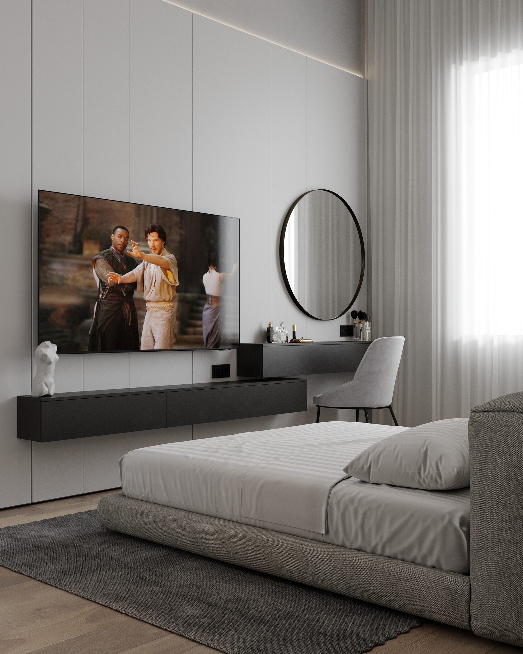 Стильная спальня с черными тумбами под тв