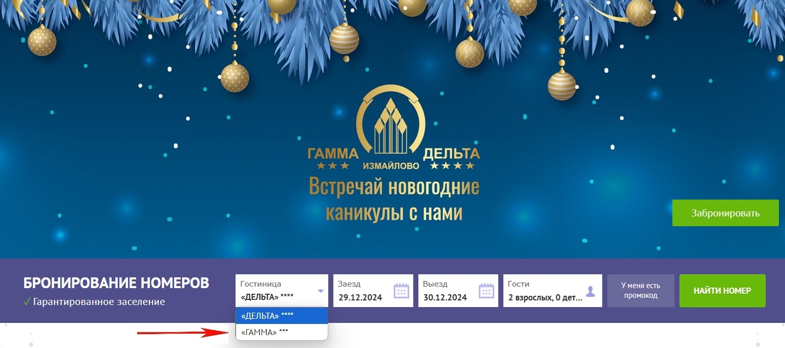 Ячейка с выбором объекта размещения в форме бронирования на сайте