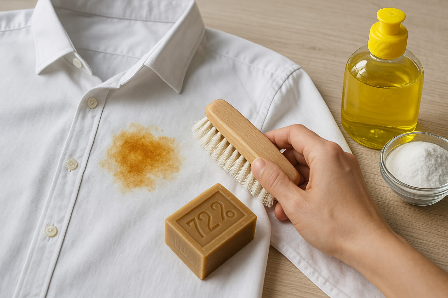 Grease stain on a white shirt being treated with a fabric-safe cleaning method