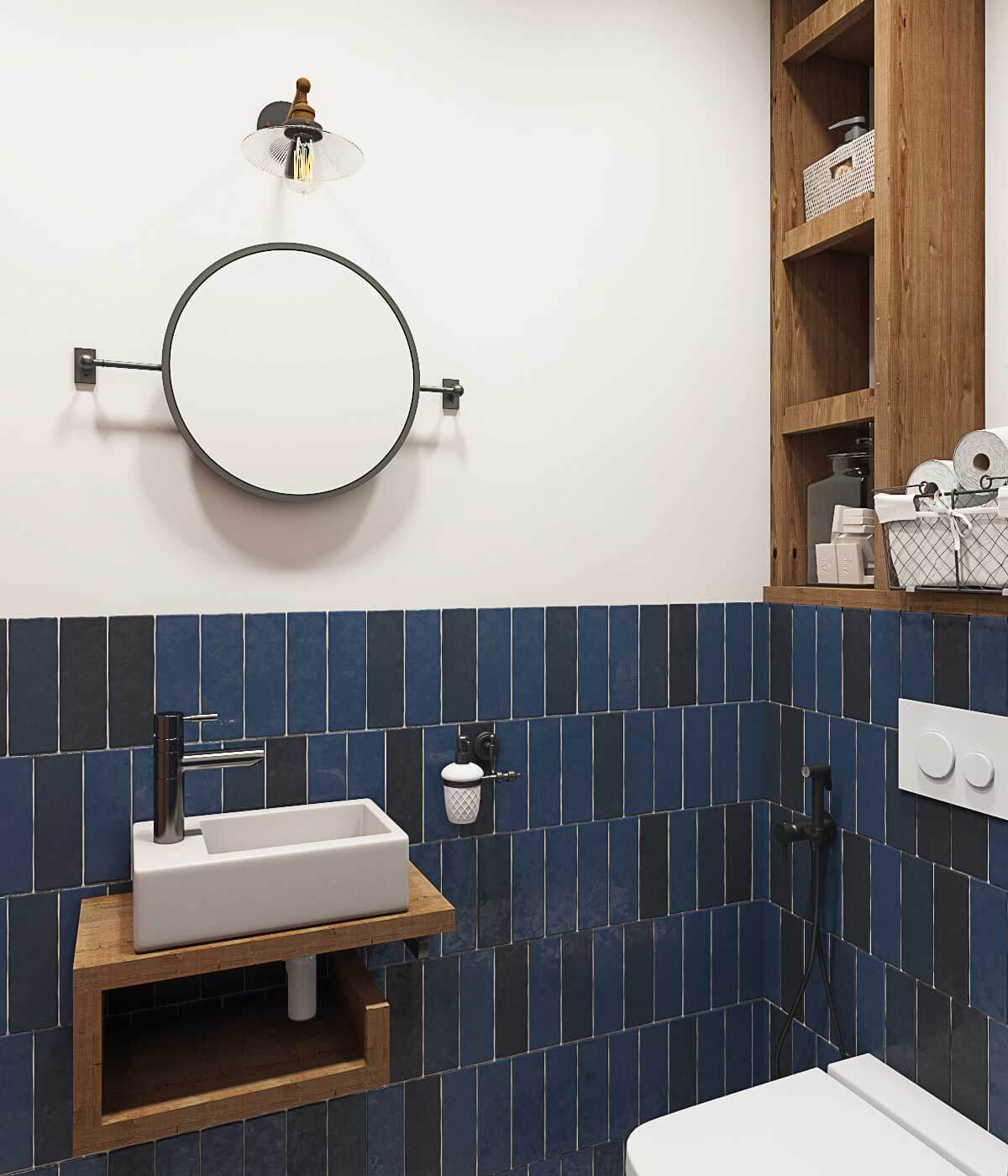 Маленькая раковина в туалете. Полки в туалете. Круглое зеркало