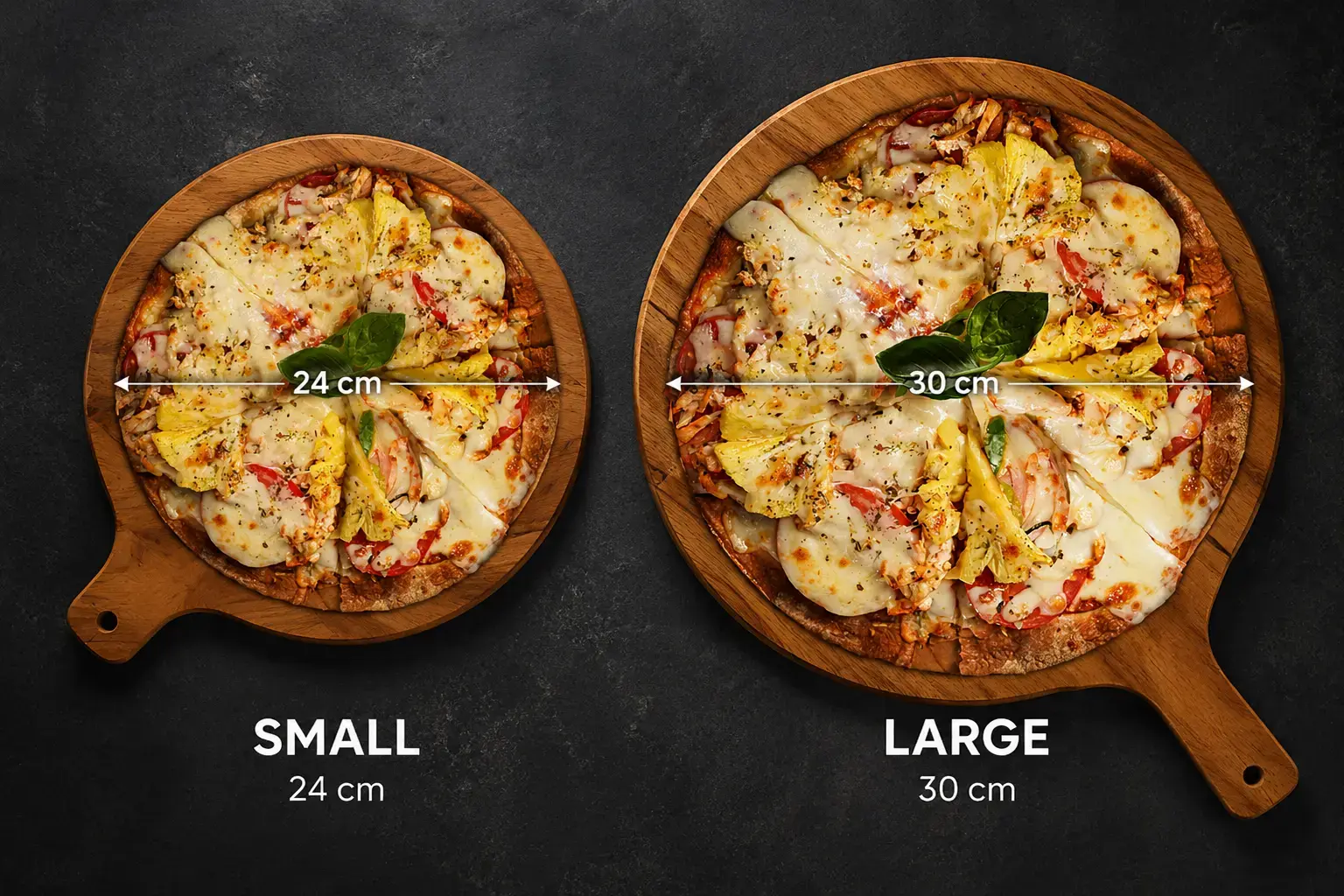 A helpful visual comparison showing the size difference between a small 24cm pizza and a large 30cm pizza