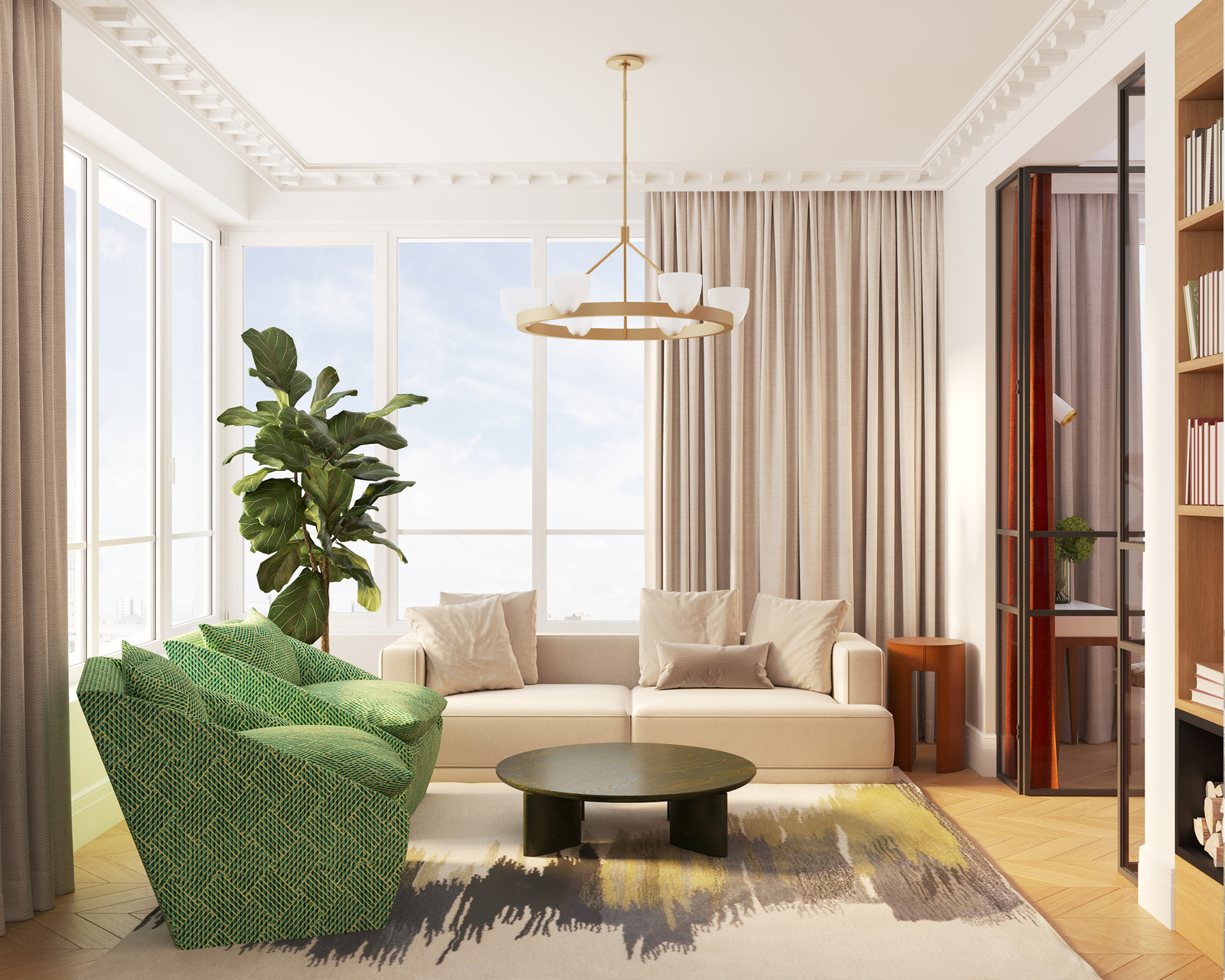 Кресла Kelly Wearstler, журнальный стол Leolux и диван Molteni в гостиной дизайн-проекта Екатерины Фёдоровой