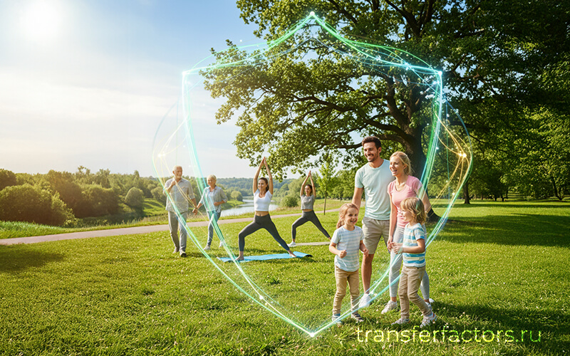 Семья на прогулке в солнечном парке, вокруг — световой «щит» как символ баланса и заботы; 4Life Transfer Factor Plus