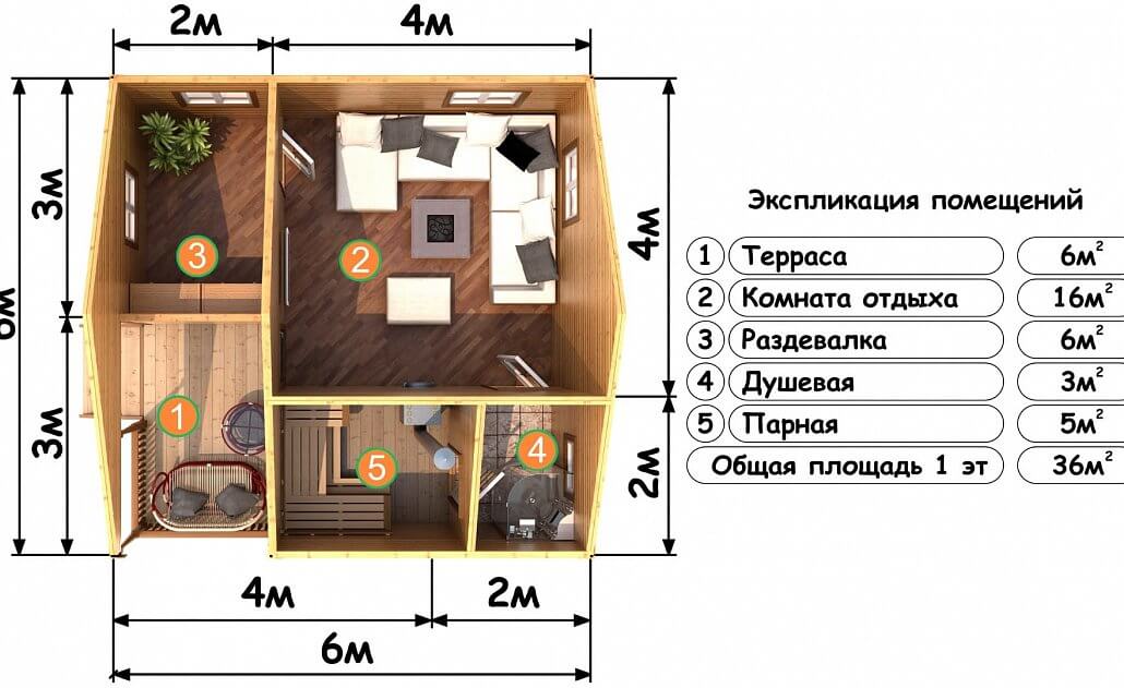 Проект бани 5х6 с комнатой отдыха