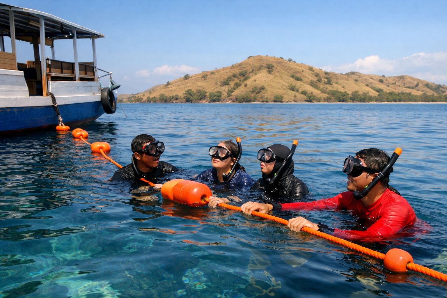 Wisatawan snorkeling di Komodo dengan pelampung dan perlengkapan aman