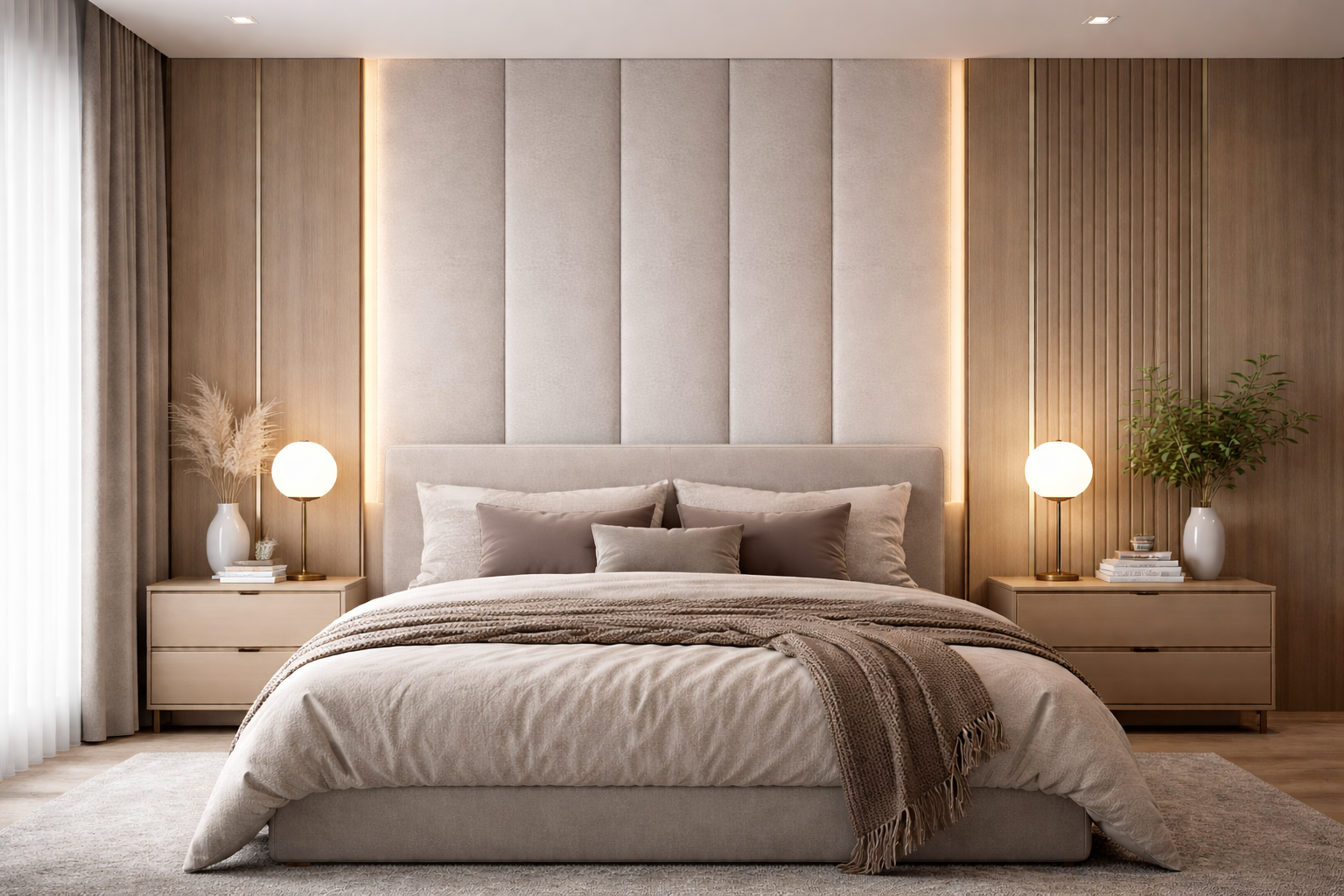 Комбинирование мягких панелей с подсветкой за изголовьем и шпонированных МДФ панелей по бокам, современная спальня с дизайнерской отделкой стен.