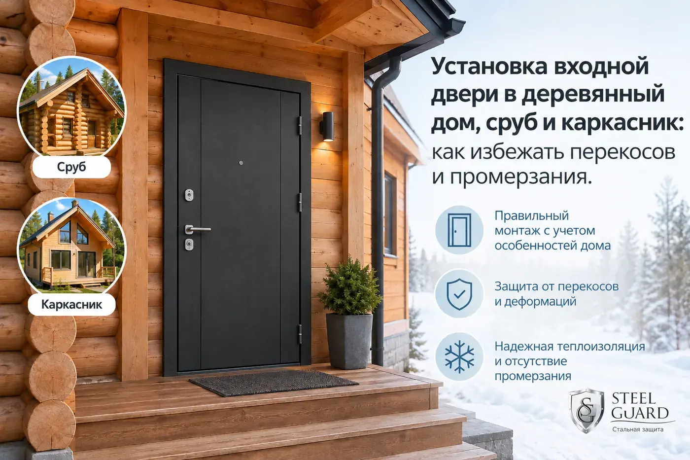 Иллюстрация к статье: установка входной двери в деревянный дом сруб и каркасник как избежать перекосов и промерзания.