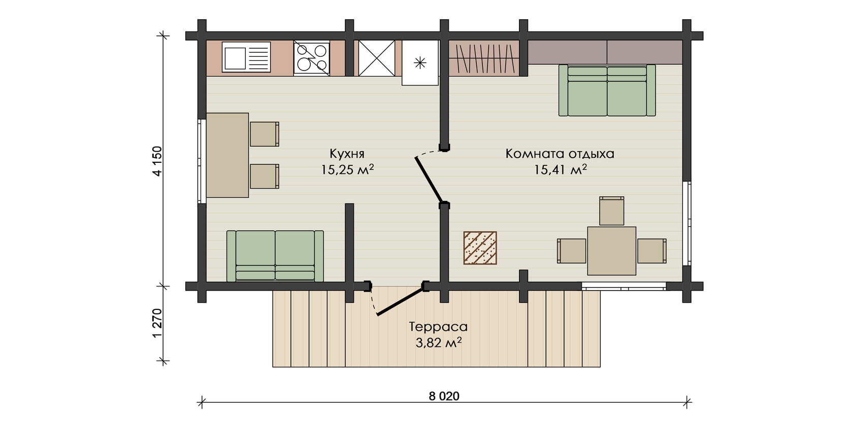 Проект дома из бруса Орта 34 м2