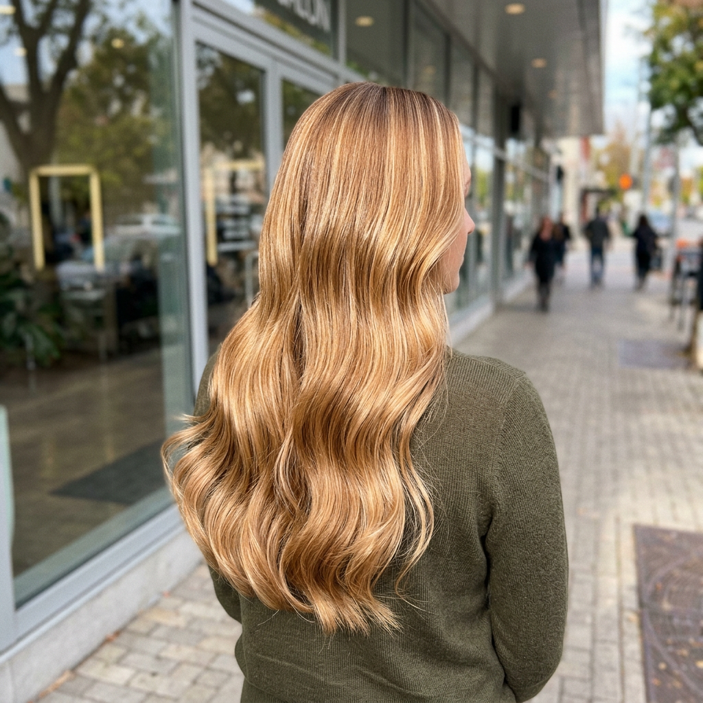 Карамельный блонд на волнистых волосах 