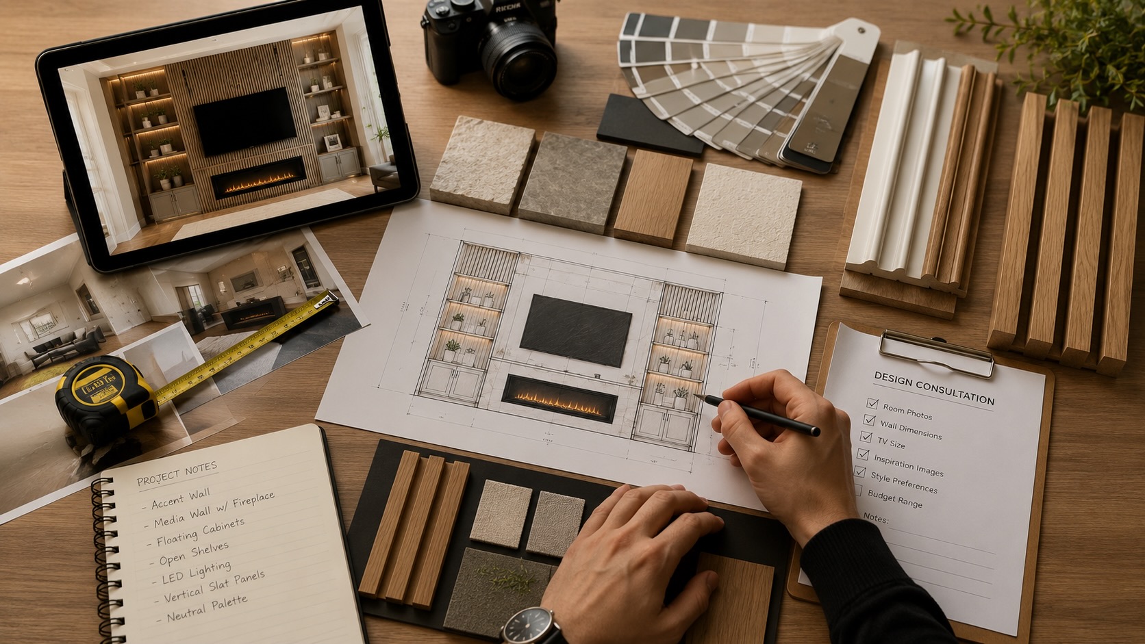 Designer workspace with accent wall drawings, room photos, material samples, paint colors, wood moldings, and project planning tools used during a custom design consultation.