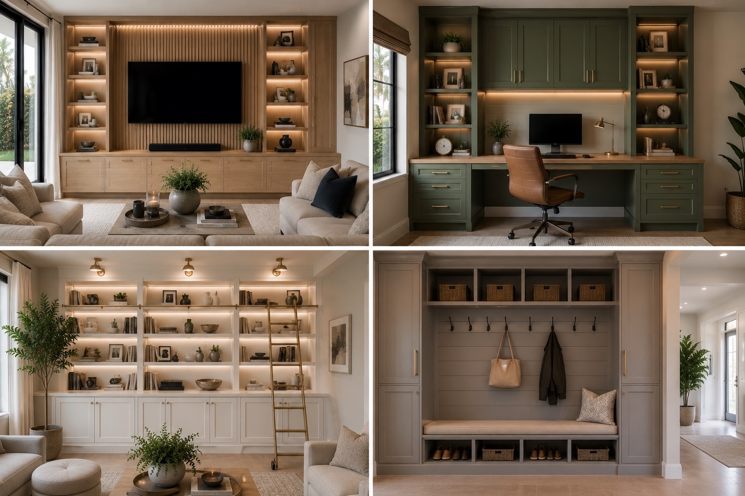 Collage of custom built-in cabinetry projects completed in Orlando homes including entertainment centers and home offices.