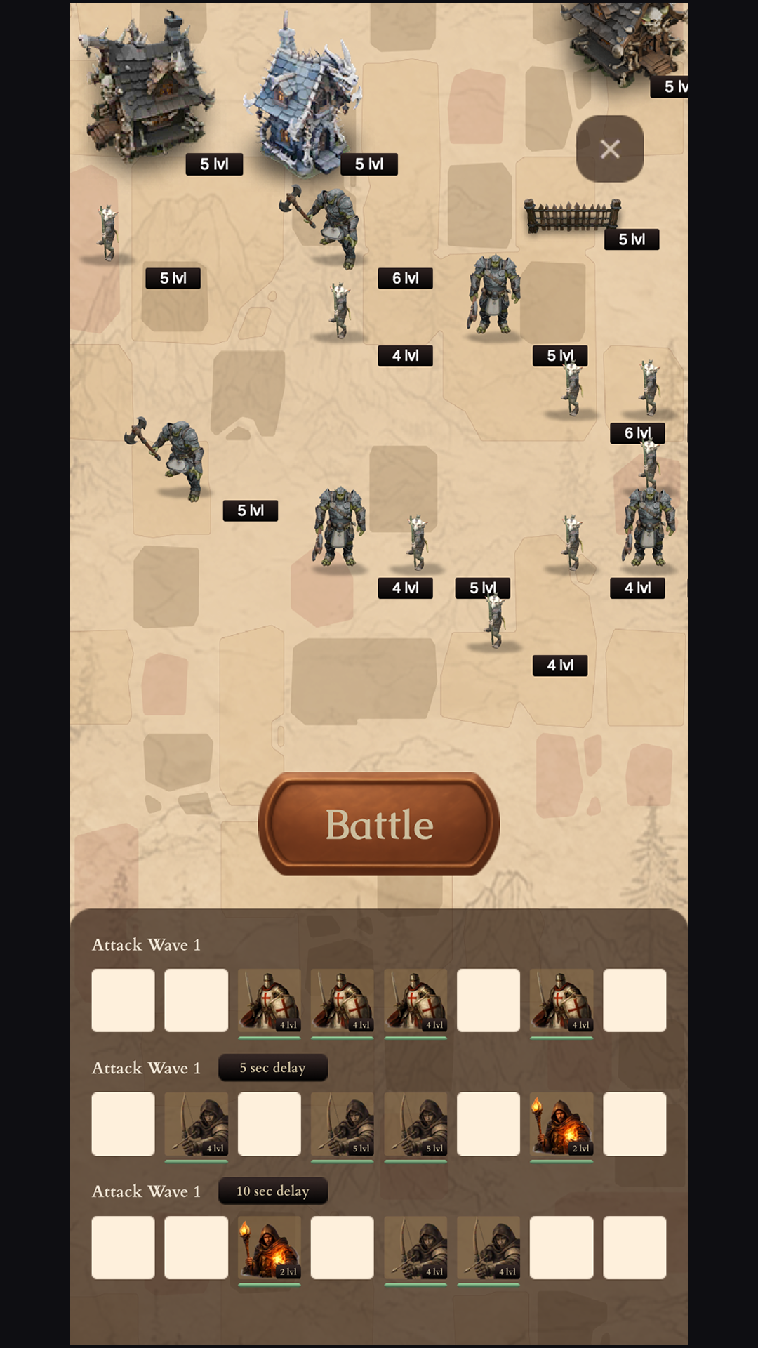 Crownfall real-time battle with attack waves of knights and archers