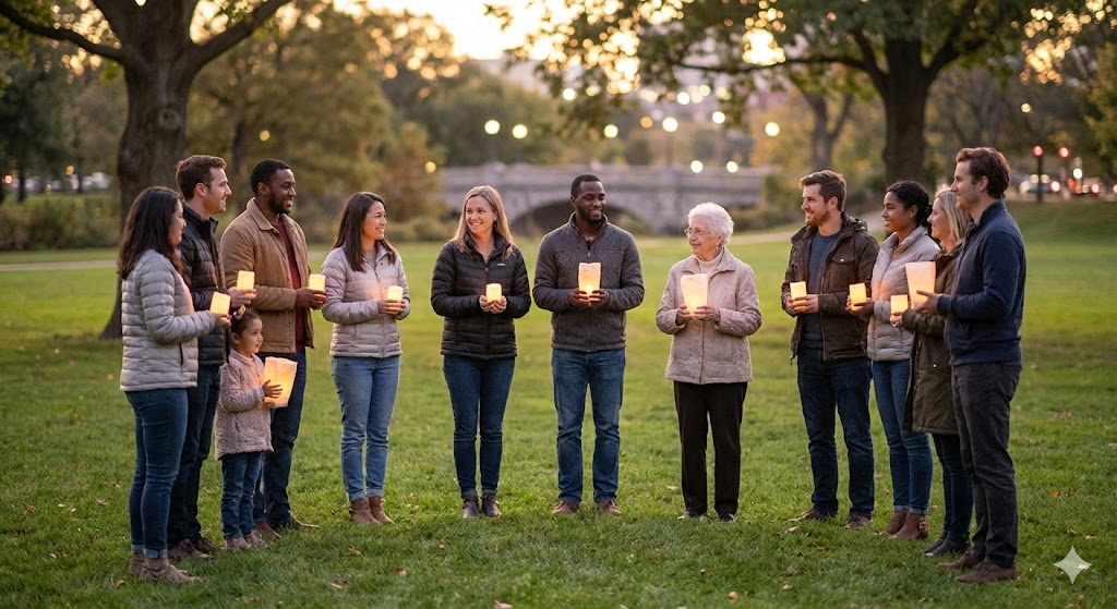 Люди разных национальностей держат светящиеся фонари в честь Международного дня нравственности