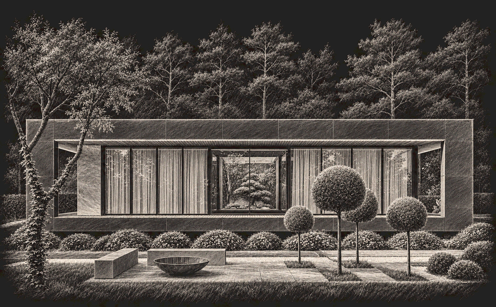 Карандашный архитектурный скетч VILLA FOREST