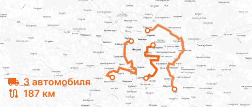 Карта маршрута — алгоритм Адвантум: 3 автомобиля, 187 км