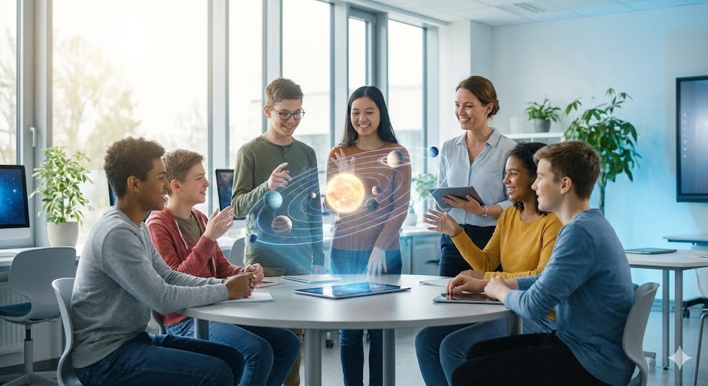 Учитель и студенты используют технологии дополненной реальности на уроке в честь Дня образовательных технологий