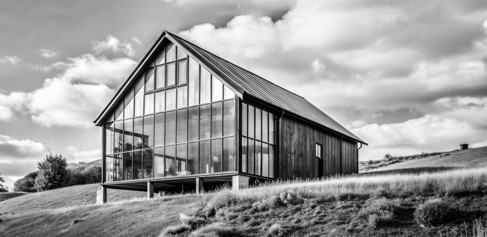 Black and white photo: barn house stands on a hill