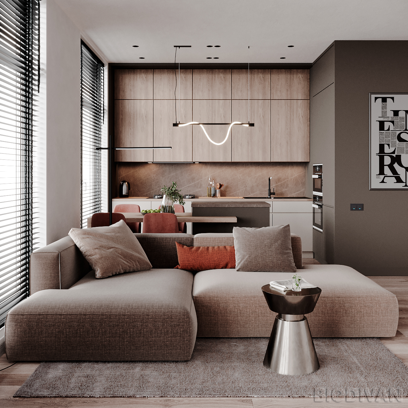 Сочетание коричневого дивана в интерьерах гостиной комнаты