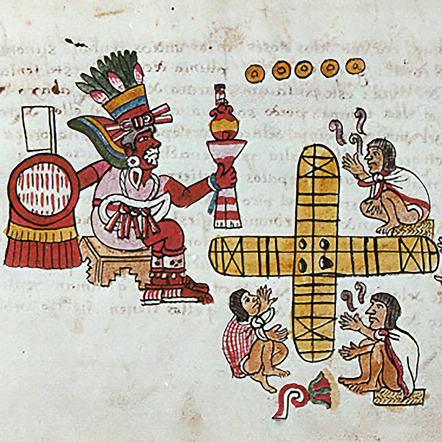 Шочипилли и игроки. Кодекс Мальябекки, Мексика, XVI в. н.э. Коллекция Biblioteca Nazionale Centrale di Firenze.