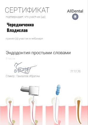 Сертификат Чередниченко Владислава Витальевича, успешно прошел вебинар на тему Эндодонтия простыми словами