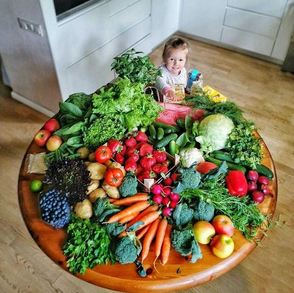 Большой стол со свежими овощами и зеленью