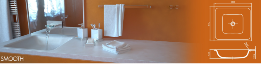 Раковина SMOOTH из акрилового камня, размеры: ширина 560 мм, глубина 510 мм, высота борта 152 мм. Квадратная форма с плавными углами, схема параметров и монтажа.