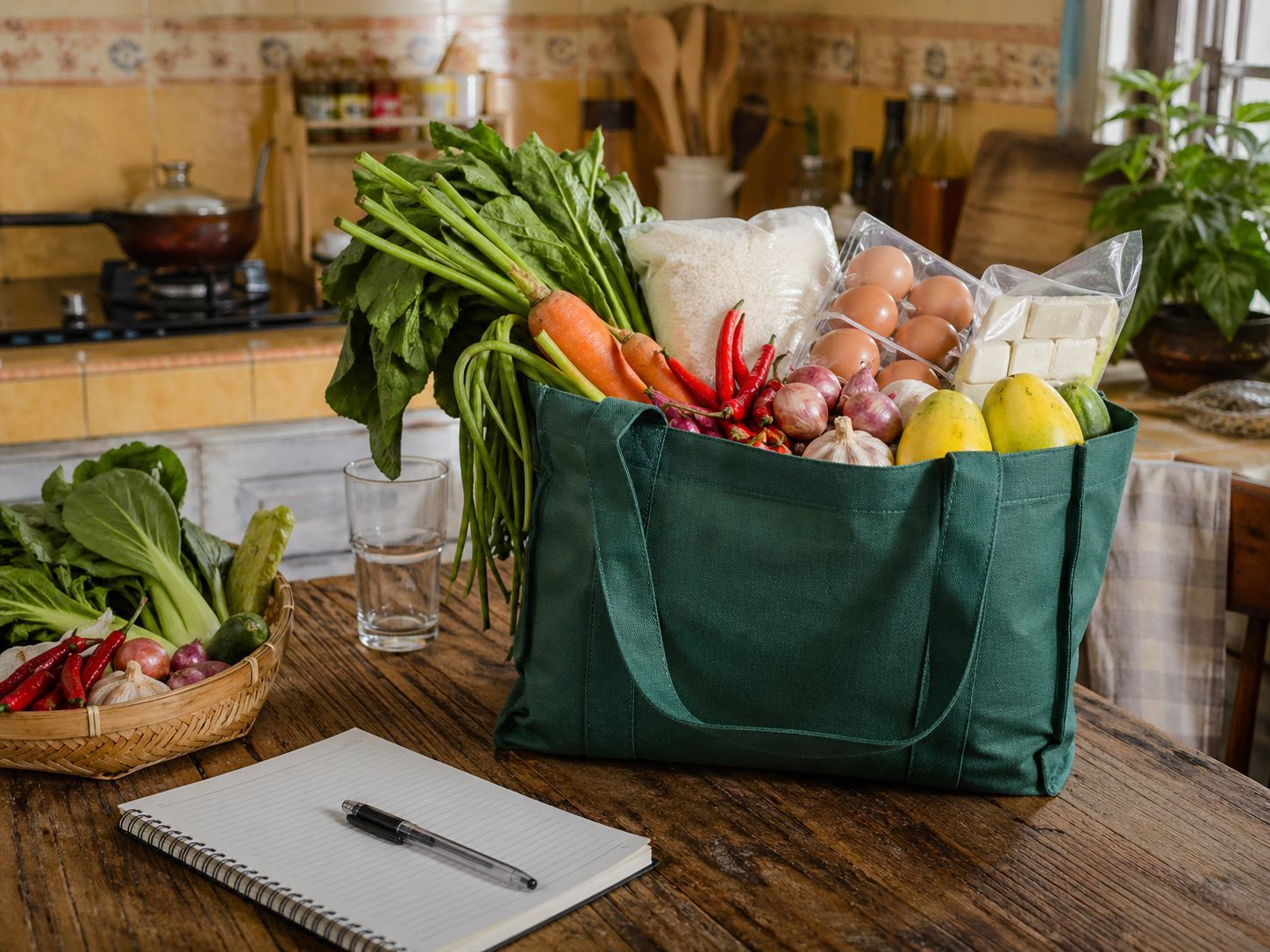 tas belanja reusable dan daftar belanja untuk hemat dapur