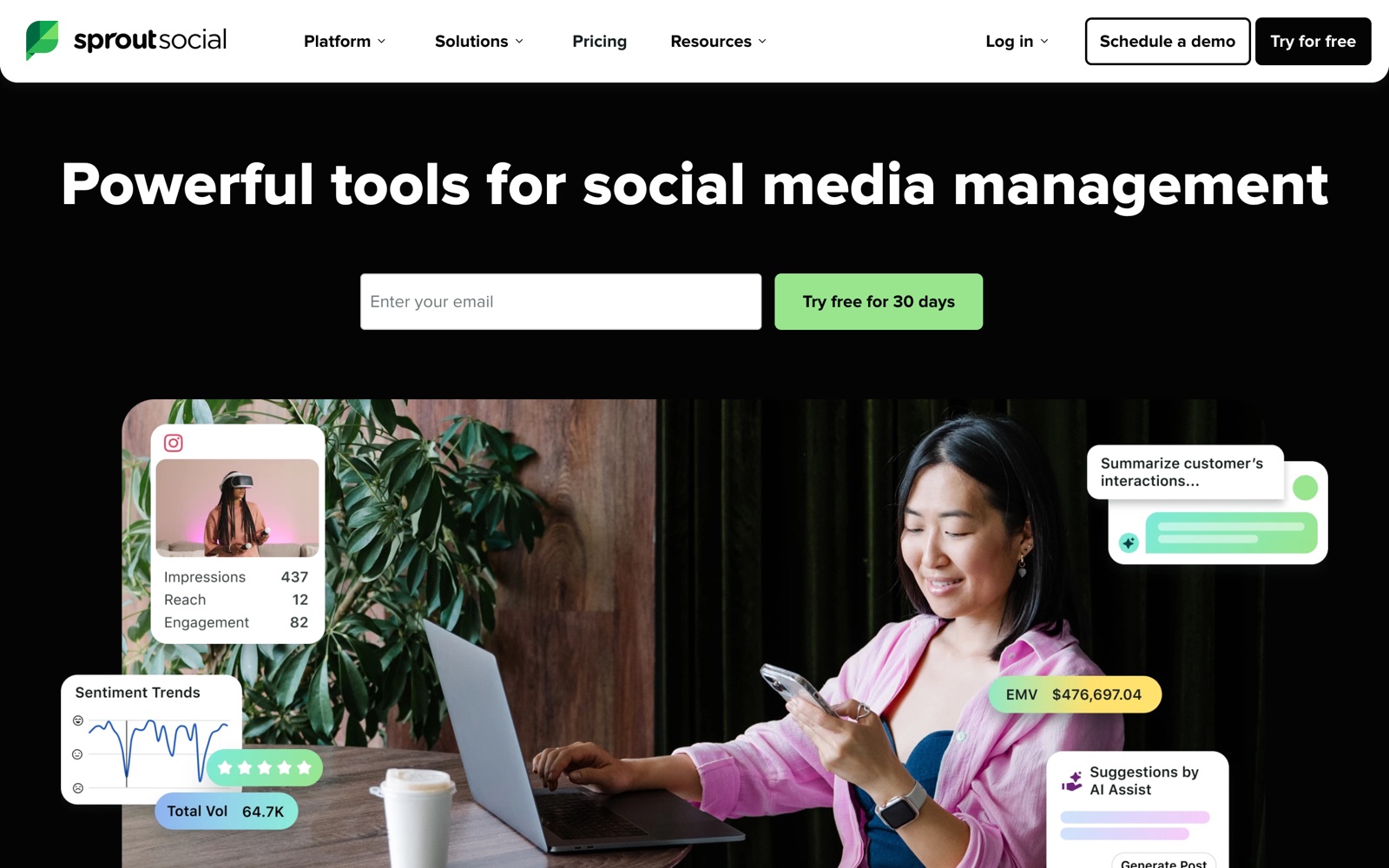 Sprout Social homepage screenshot: social media management platform