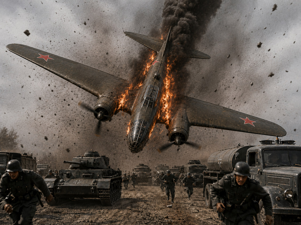 ДБ-3Ф пикирует на вражескую колонну