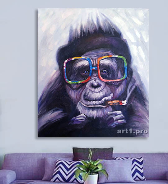 картина маслом на холсте обезьяна с сигарой в сером интерьере страсть art1.pro 