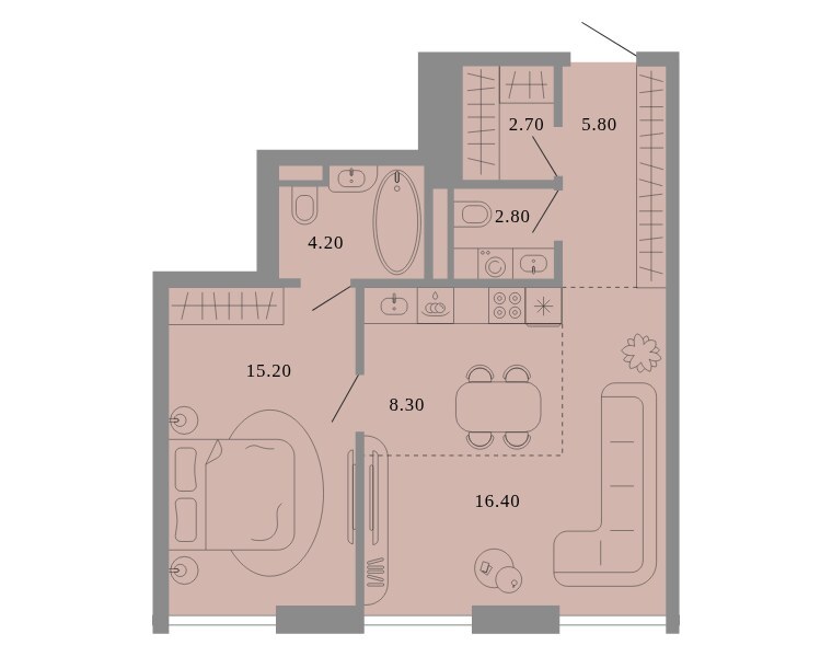 Планировка: квартира с 1 спальней 55,4 м² в ЖК «Тессинский, V», дом Aurora, 5-й этаж