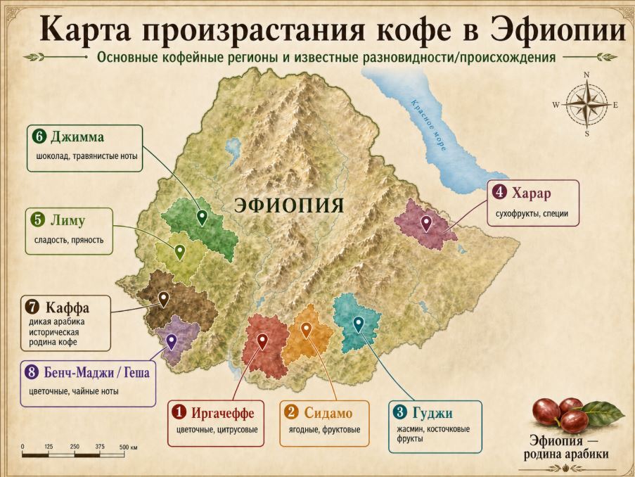 Карта произрастания кофе в Эфиопии