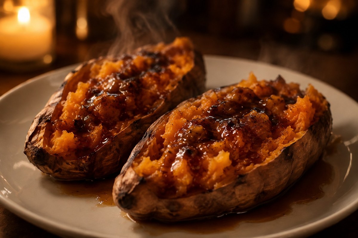 Two roasted sweet potatoes split open with a dark brown-butter and soy glaze, cooked by Miami private chef Marina Staver