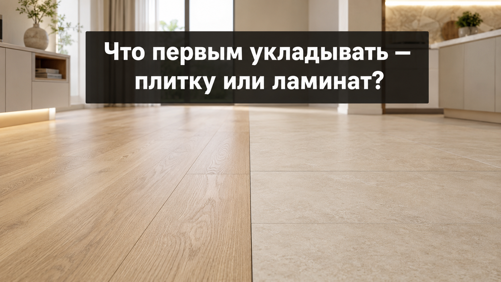 Светлый ламинат и керамогранит состыкованы в один уровень в современном интерьере. Изображение к статье о том что укладывать первым — плитку или ламинат и как избежать перепада высоты.