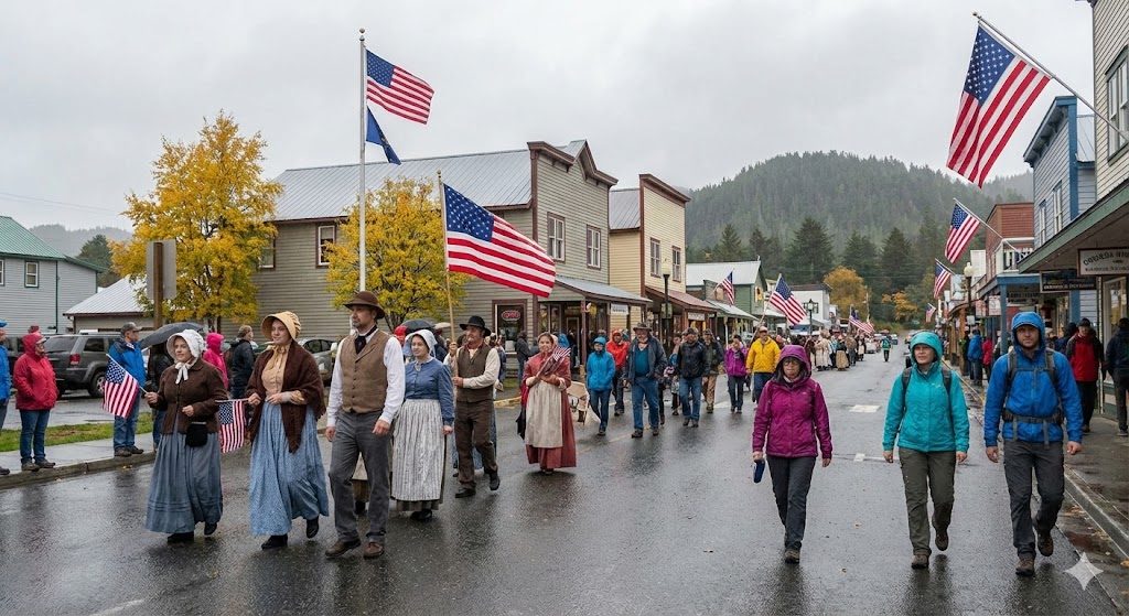 Парад в городе Ситка в честь Дня Аляски с людьми в исторических костюмах 