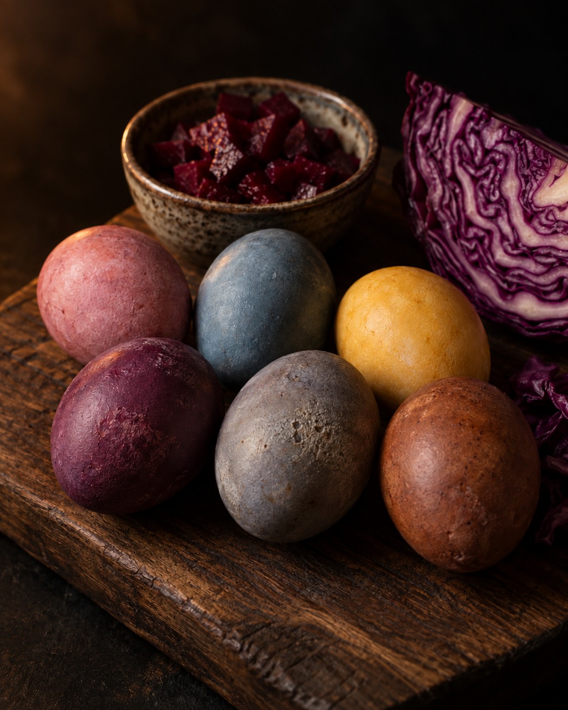 Naturally dyed Easter eggs in soft pink, blue, yellow, purple, gray and brown on a dark wooden board with a bowl of beets and red cabbage, by Miami private chef Marina Staver
