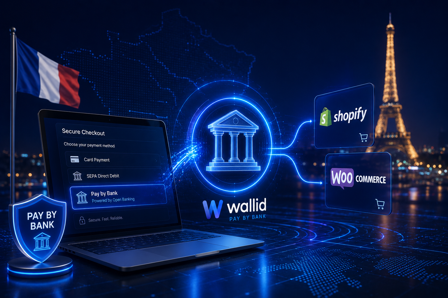 Illustration futuriste représentant une boutique Shopify et WooCommerce à haut risque acceptant des paiements par banque via lOpen Banking en France avec linfrastructure de paiement Wallid.