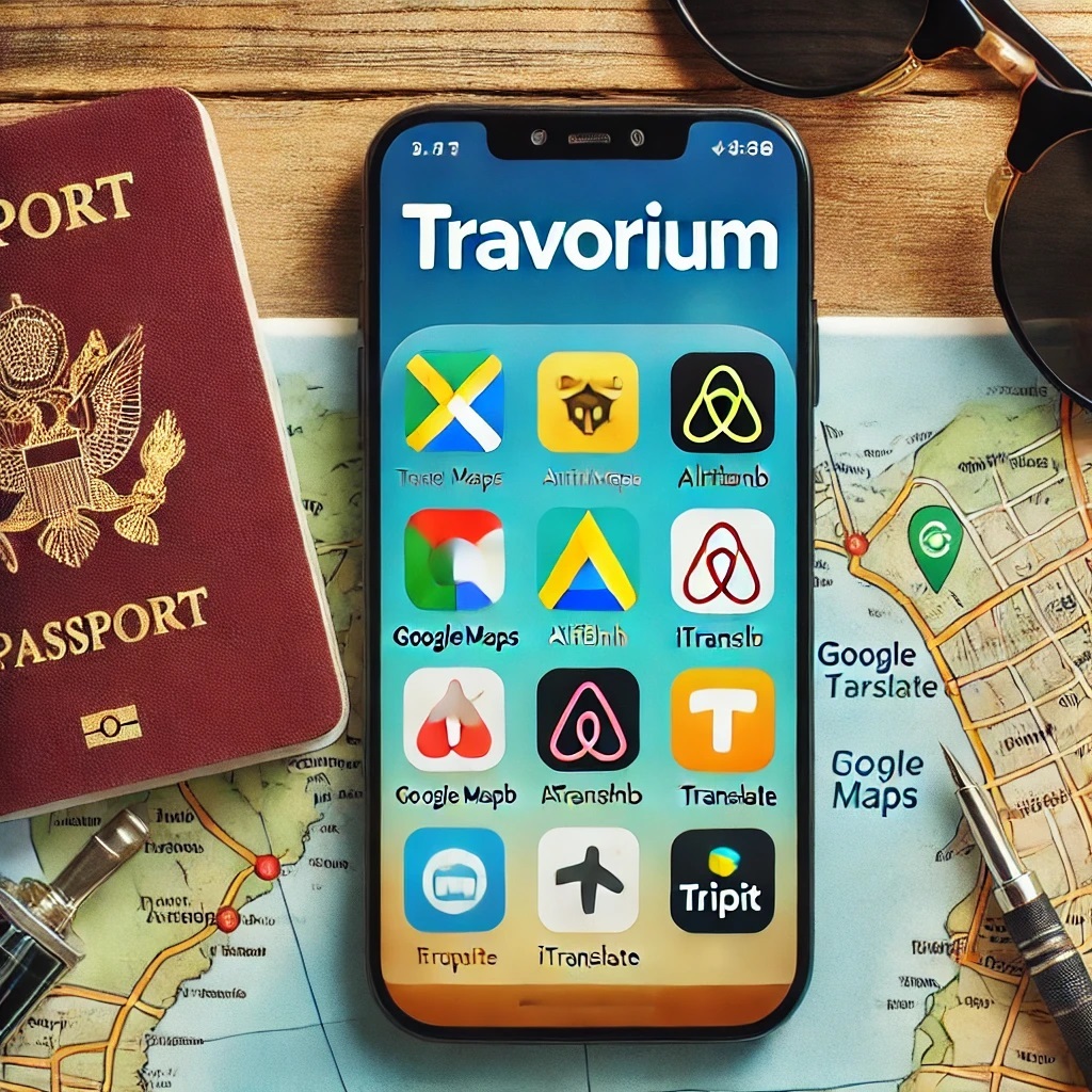 Смартфон с приложениями для путешествий, включая Travorium, на фоне карты